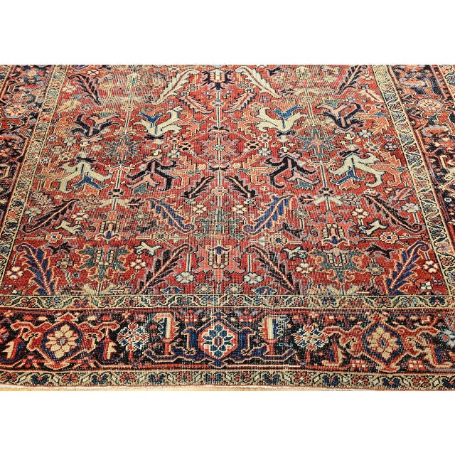 Antique Persian Heriz Serapi Rug, Hand-Knotted Wool, All-Over Geometric Pattern, Brick & Navy, 8x9 For Sale - Image 10 of 15