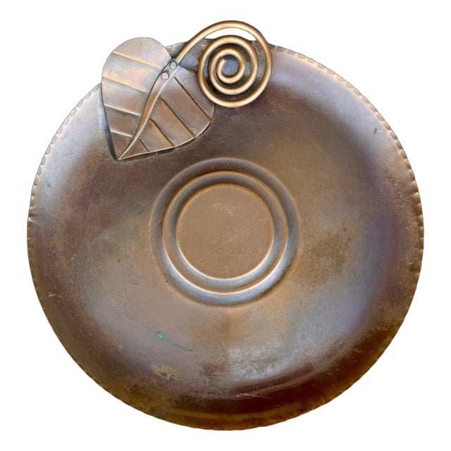 Vintage Francisco Rebajes Mid-Century Modern Hammered Copper Charger Wall Plate W/ Leaf, Marked For Sale