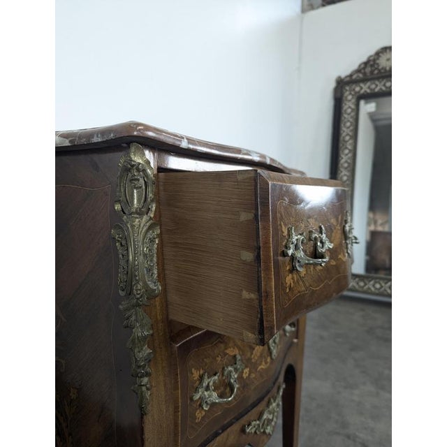 2000 - 2009 Small Louis XV Style Commode with Marquetry and Red Marble Top For Sale - Image 5 of 11