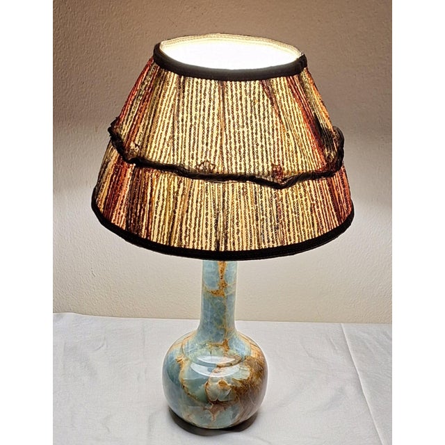 1970s Table Lamp with Blue-Brown Marble Base and Handmade Fabric Shade, 1970s For Sale - Image 5 of 11