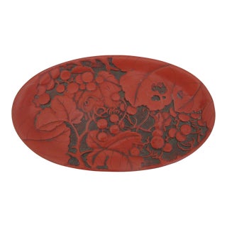 Chinese Carved Red Cinnabar Lacquer Berry & Leaf Oval Leaf Dish Tray For Sale