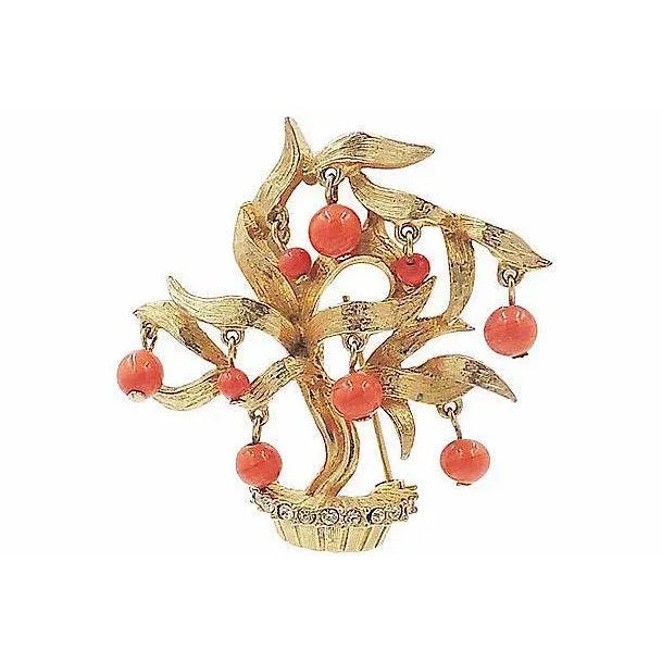 Gemstone Vintage 1960s Signed Pauline Rader Faux-Coral Beaded Bonsai Tree Pin For Sale - Image 7 of 7