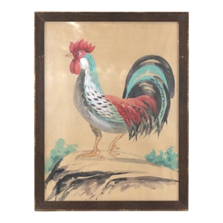 Vintage Watercolor Hand-Painted Gorgeous Rooster Portrait on Paper, For Sale