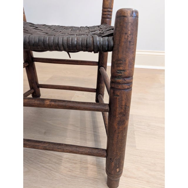 19th Century Early American Primitive Child's Ladderback Chair With Woven Leather Seat For Sale - Image 12 of 14