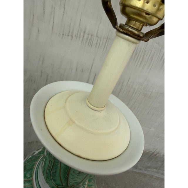 Vintage Chinoiserie Famille Verte Green and White Hand Painted Porcelain Baluster Vase Table Lamp on a Black Wood Base For Sale - Image 9 of 12