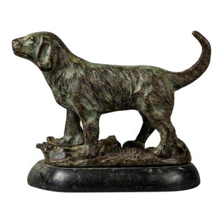 Vintage Bronze Dog Sculpture, Marble Base — Art Deco Style, 1950s For Sale