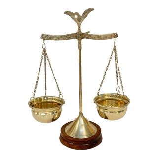 Vintage Petite Brass Balance Scale on Mahogany Base For Sale
