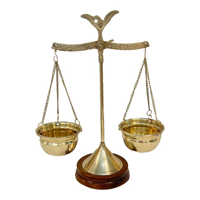 Vintage Petite Brass Balance Scale on Mahogany Base For Sale