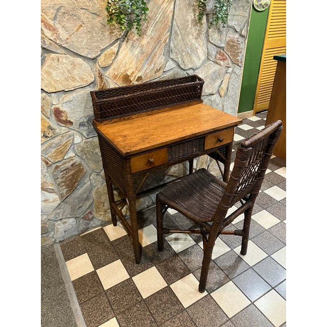 Similar to 1930’s Heywood Wakefield wicker writing desk & chair with storage basket not attached Mother in law had it in...