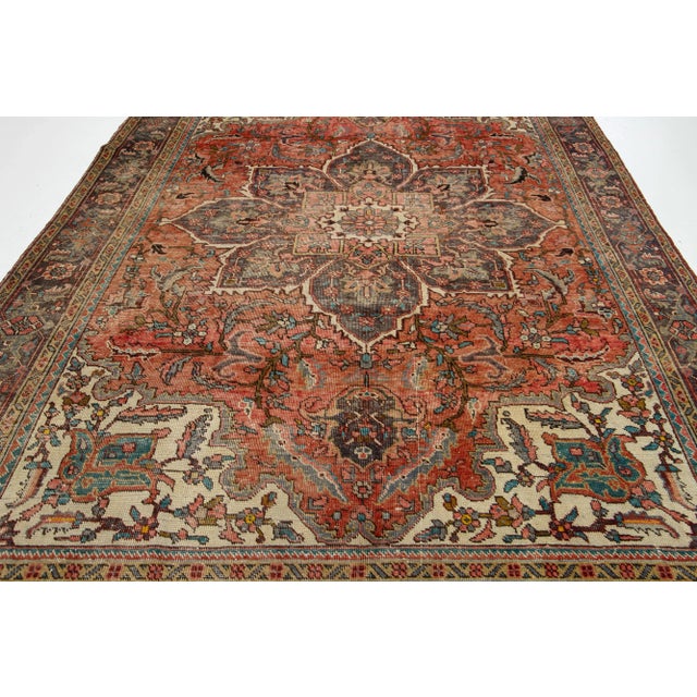 Burnt Orange 1950s Vintage Handmade Heriz Wool Rug in Rust Color With Medallion Design For Sale - Image 8 of 8