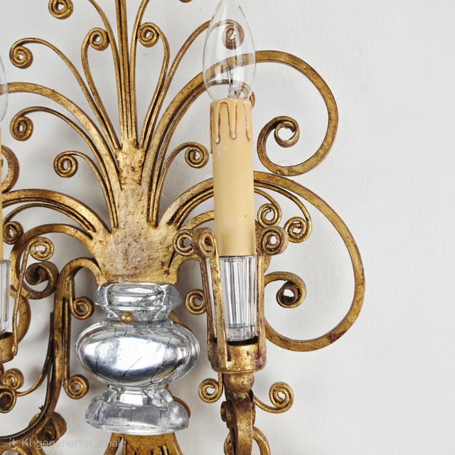 Two-Armed Wall Lamp in Iron and Crystal Glass in the style of Maison Baguès, France, 1950s For Sale - Image 10 of 15
