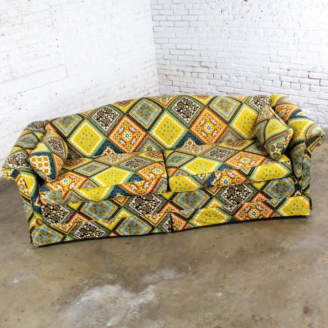 Wood Late 20th Century Camelback Sofa W/Multicolored Patchwork Fabric & Tight Back by Rowe Furniture For Sale - Image 7 of 18