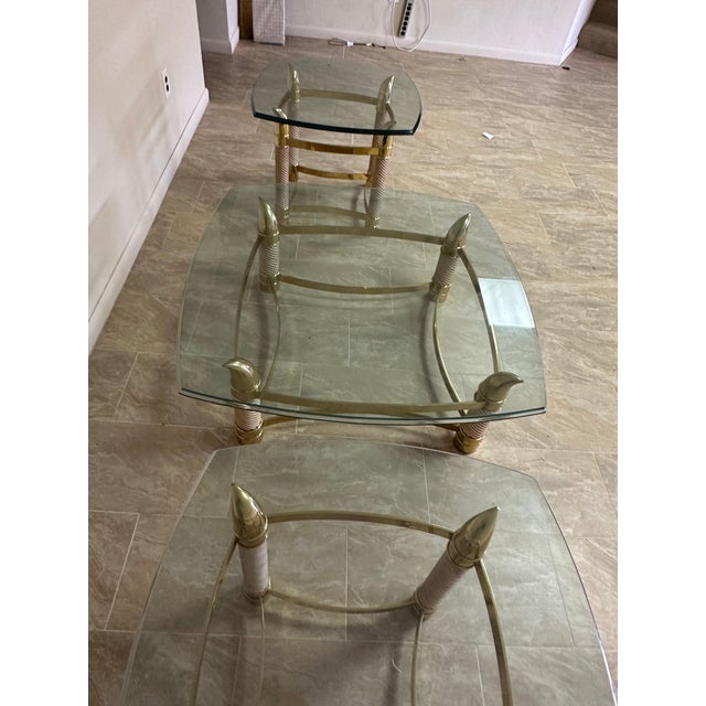 1980s Vintage Italian Brass Horn 1 Coffee and 2 End Tables Thick Glass - Set of 3 For Sale - Image 12 of 12