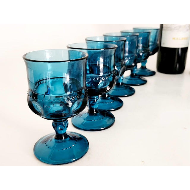 1960s 1960s Indiana Glass King's Crown Wine Goblets in Riviera Blue, Set of 12 For Sale - Image 5 of 10