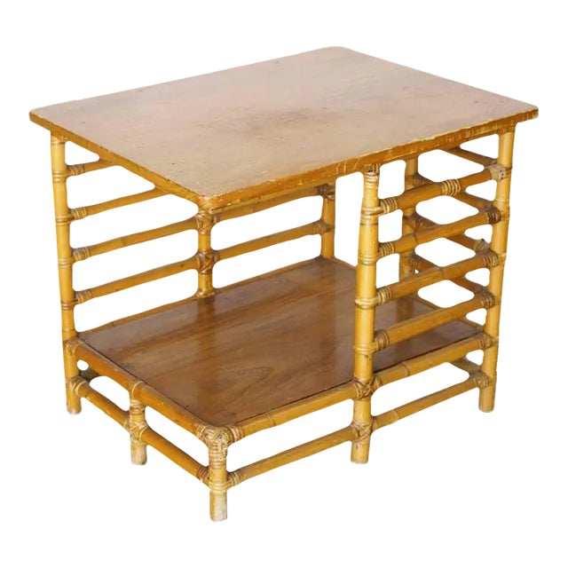 Restored Mid-Century Rattan Floating 2-Tier Ladder Side Drink Table, 2 Available For Sale