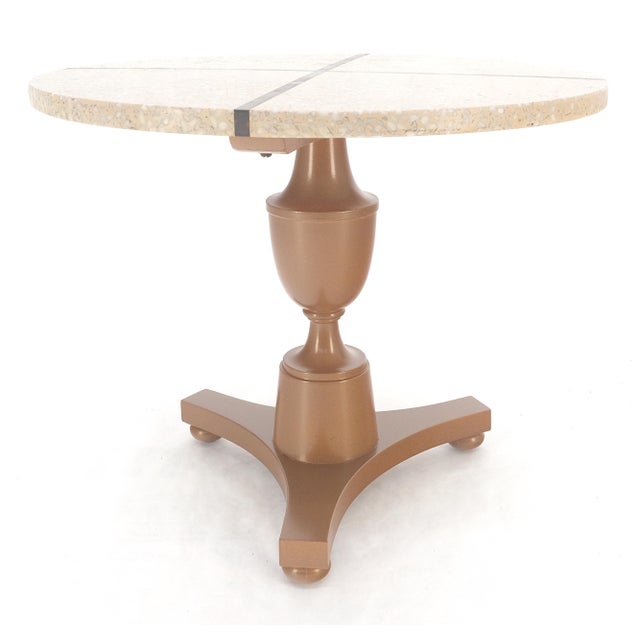 Edward Wormley 24" Round Terrazzo Brass Strip Cross Inlay Top Urn Shape Tripod Base Side Table For Sale - Image 4 of 9
