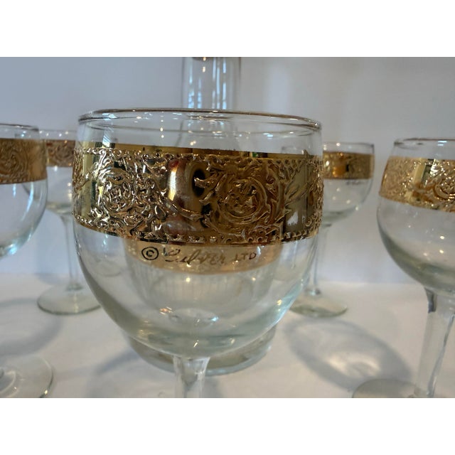 Vintage Culver Tyrol Gold Filigree Glass Decanter & 5 Stemmed Wine Glasses Set For Sale - Image 10 of 12