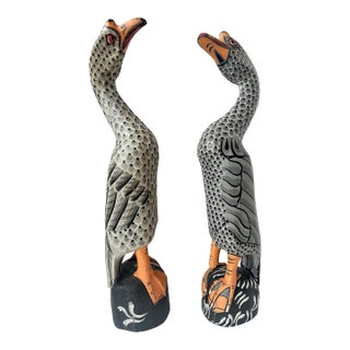 Early 20th Century Hand Carved and Painted Wooden Goose Sculptures - A Pair For Sale
