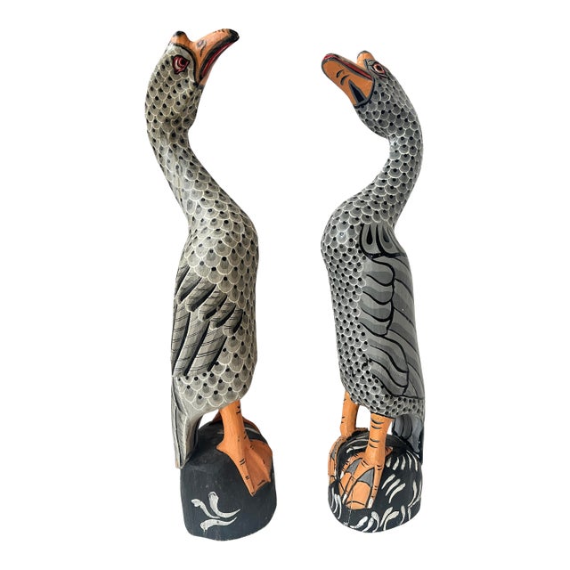 Large Pair of Early 20th Century Hand Carved and Painted Wooden Goose Sculptures For Sale