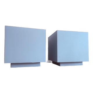 1980s Modernist Laminate Cube Side Tables in Soft Blue - A Pair For Sale