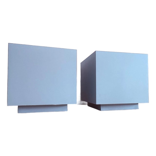 1980s Modernist Laminate Cube Side Tables in Soft Blue - A Pair For Sale