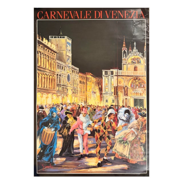 Italian poster titled Carnevale a Venezia, after Luciano Conteduca, depicting masked figures in traditional Venetian...