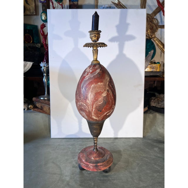 Baroque Curiosity Cabinet Faux Rouge Marble Hand Painted Faux Ostrich Egg Candelholder For Sale - Image 10 of 10