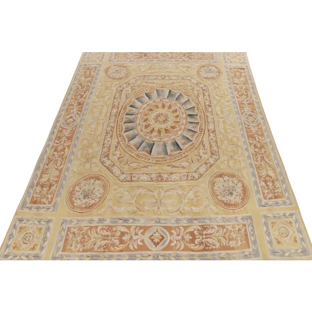 Neoclassical Aubusson Style Flatweave Rug in Gold, Beige-Brown & Blue Florals by Rug & Kilim For Sale - Image 3 of 5