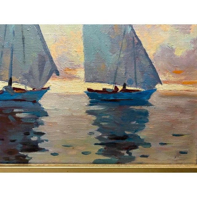 Paint Vintage Original Evgeny Expressionism Nautical Sail Boat Oil Painting on Canvas For Sale - Image 7 of 14
