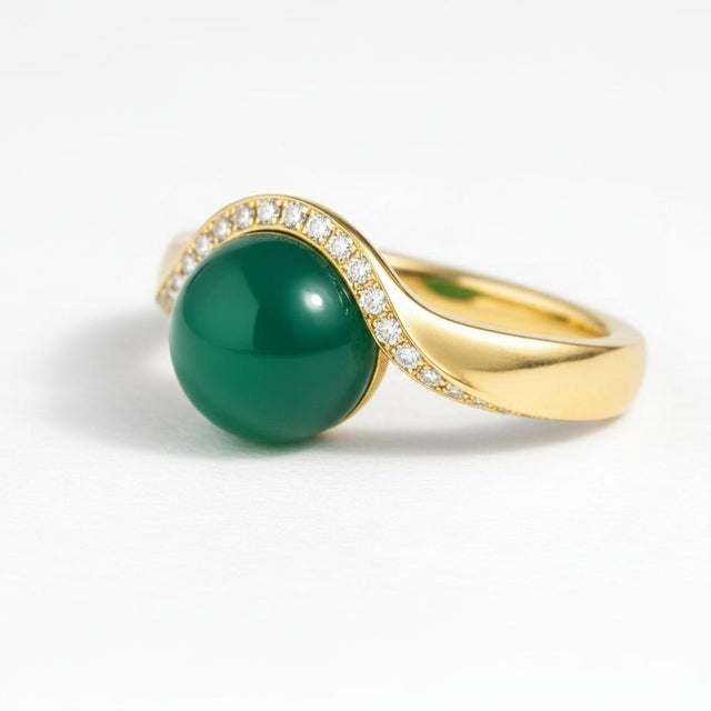 Modern Wave Design Green Onyx and Topaz Ring in Silver, Gold, Size 6 For Sale - Image 3 of 9