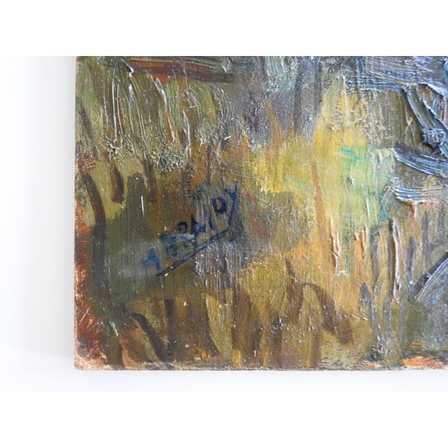 Mid 20th century oil on masonite impressionist painting of rustic village in forest. Illegibly signed lowerleft. Unframed,...