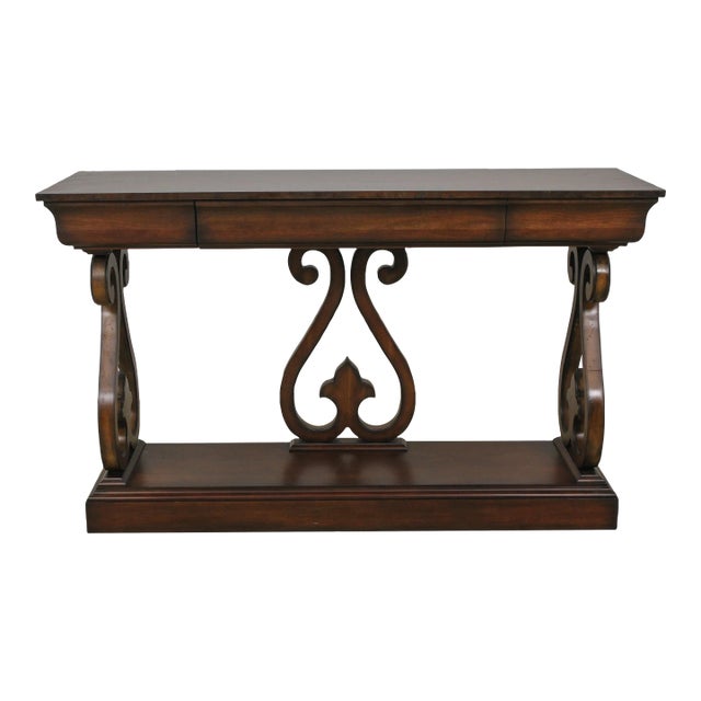 Councill Burl Walnut Petticoat Console Table W. Drawer For Sale