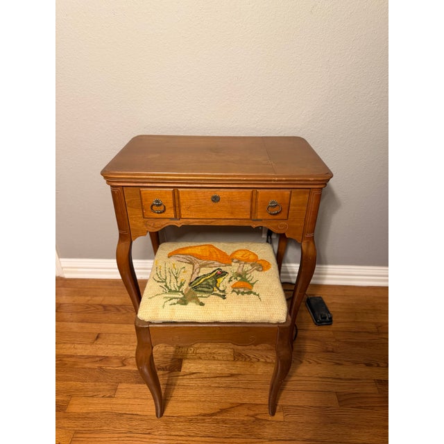Contemporary Antique, Functional Electric Sewing Machine Model 15-91 Wooden Desk With Needlepoint Bench For Sale - Image 3 of 6