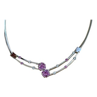 14 Karat White Gold Omega Necklace with Pink Sapphire and Diamonds, Italy For Sale