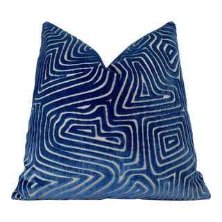 Cobalt Blue Maze Velvet Throw Pillow With Feather Down Insert For Sale