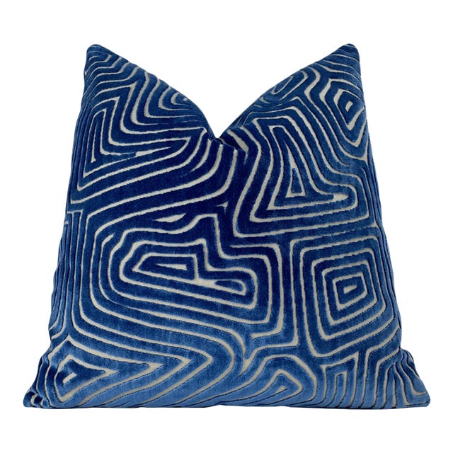 Cobalt Blue Maze Velvet Throw Pillow With Feather Down Insert For Sale