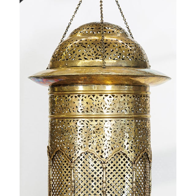 Vintage Indian Brass Hanging Lantern with Pierced Floral and Lattice Motifs For Sale - Image 17 of 18