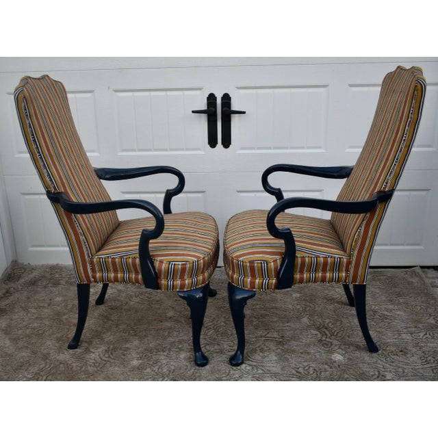 Wood Hickory Chair High Back Armchairs Vintage Hollywood Regency Striped Accent Pair For Sale - Image 7 of 11