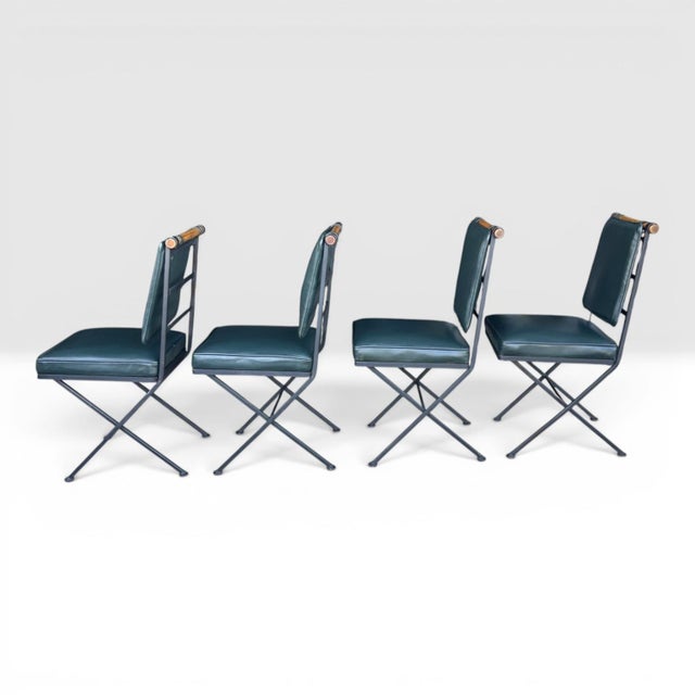 Mid-Century Modern Sculptural Iron X-Frame Dining Chairs in Dark Green Leather – Set of 4 For Sale - Image 3 of 15