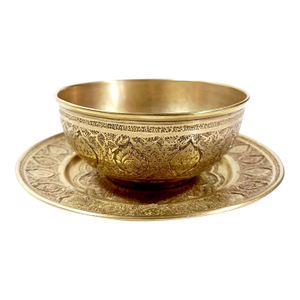 Antique Brass Bowl & Plate Set – Hand-Etched Islamic Floral Motifs