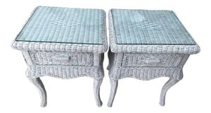 Vintage Henry Link Style White Woven Rattan/Wicker Glass Top Side Tables - a Pair