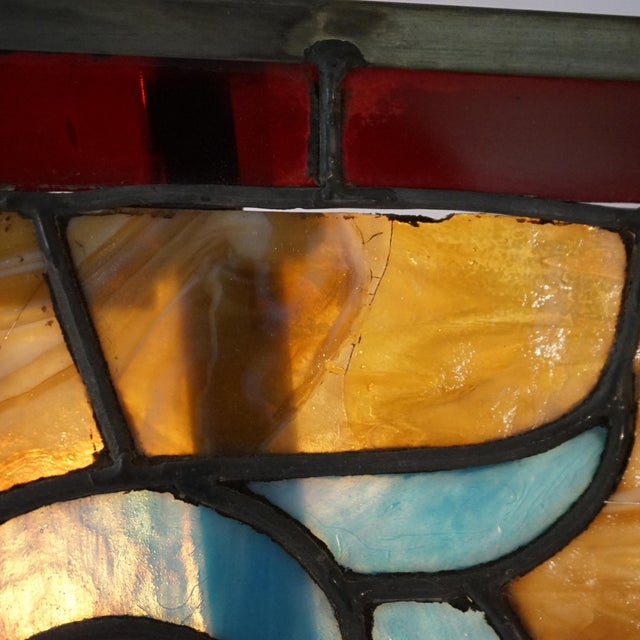 Early 20th Century Arts & Crafts Leaded Slag & Jeweled Stained Glass Window with Stylized Owl, Circa 1920 For Sale - Image 5 of 12