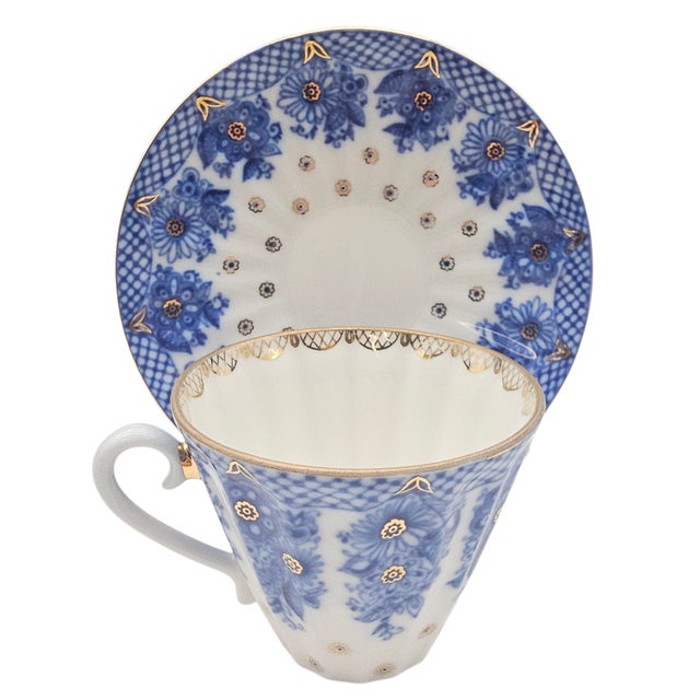 Victorian 1990s Lomonosov Bridesmaid Basket Cobalt Porcelain Teacup and Saucer For Sale - Image 3 of 15