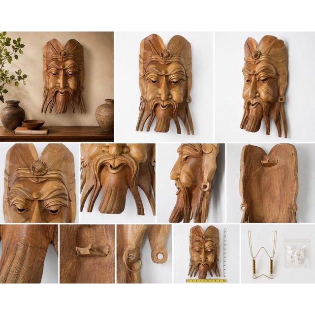 Vintage Chinese-Style Warrior Wall Mask in Hand-Carved Tropical Wood, C. 1960–1980 For Sale - Image 11 of 11