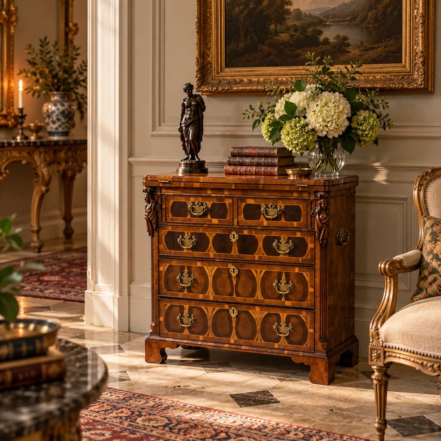 Antique George I Yew Wood and Laburnum Oyster Veneered Bachelors Chest, 1730 For Sale - Image 3 of 18