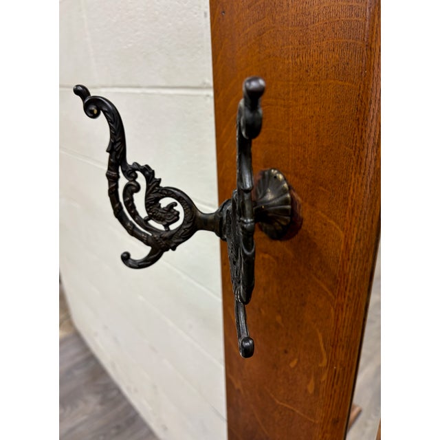 Brown Antique Victorian Carved Tiger Oak Hall Tree With Mirror and Storage For Sale - Image 8 of 17