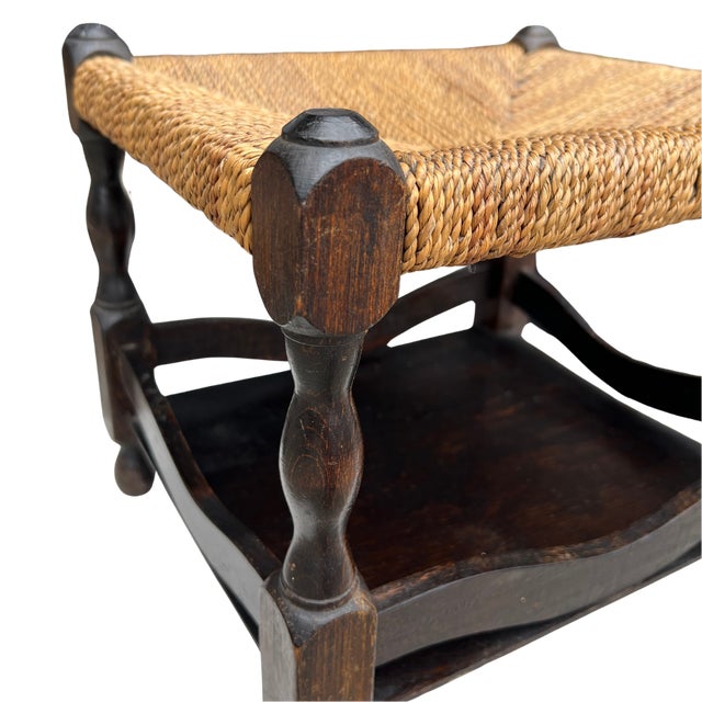Wood 1940s English Country Oak and Rush Footstool For Sale - Image 7 of 9