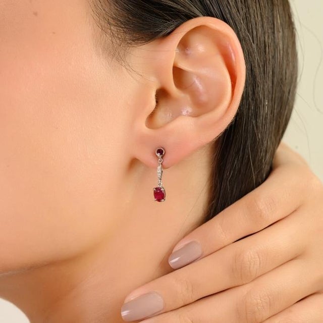 Art Deco 14k White Gold 1.35Ct Natural Ruby & Diamond Drop Dangle Earrings- A Pair For Sale - Image 3 of 14