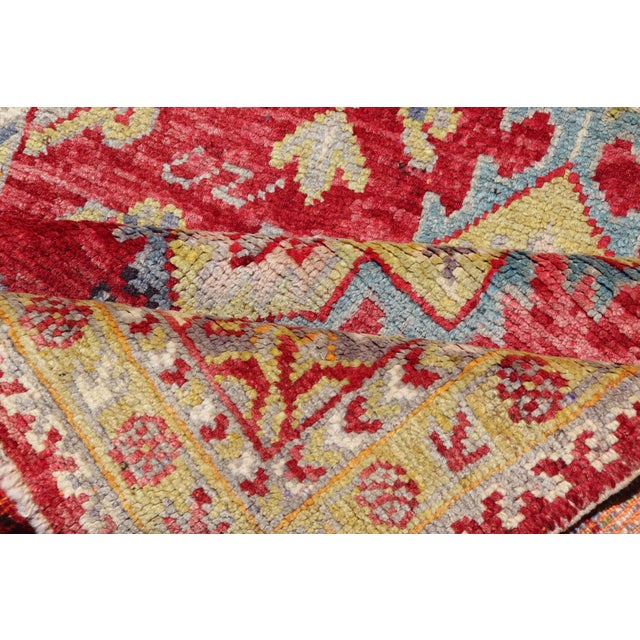 Antique Turkish Oushak Medallion Rug in Red, Lime Green, Gray & Light Blue For Sale - Image 10 of 11