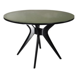 Italian Round Black Lacquered Table with Olive Green Glass Top, 1950s For Sale